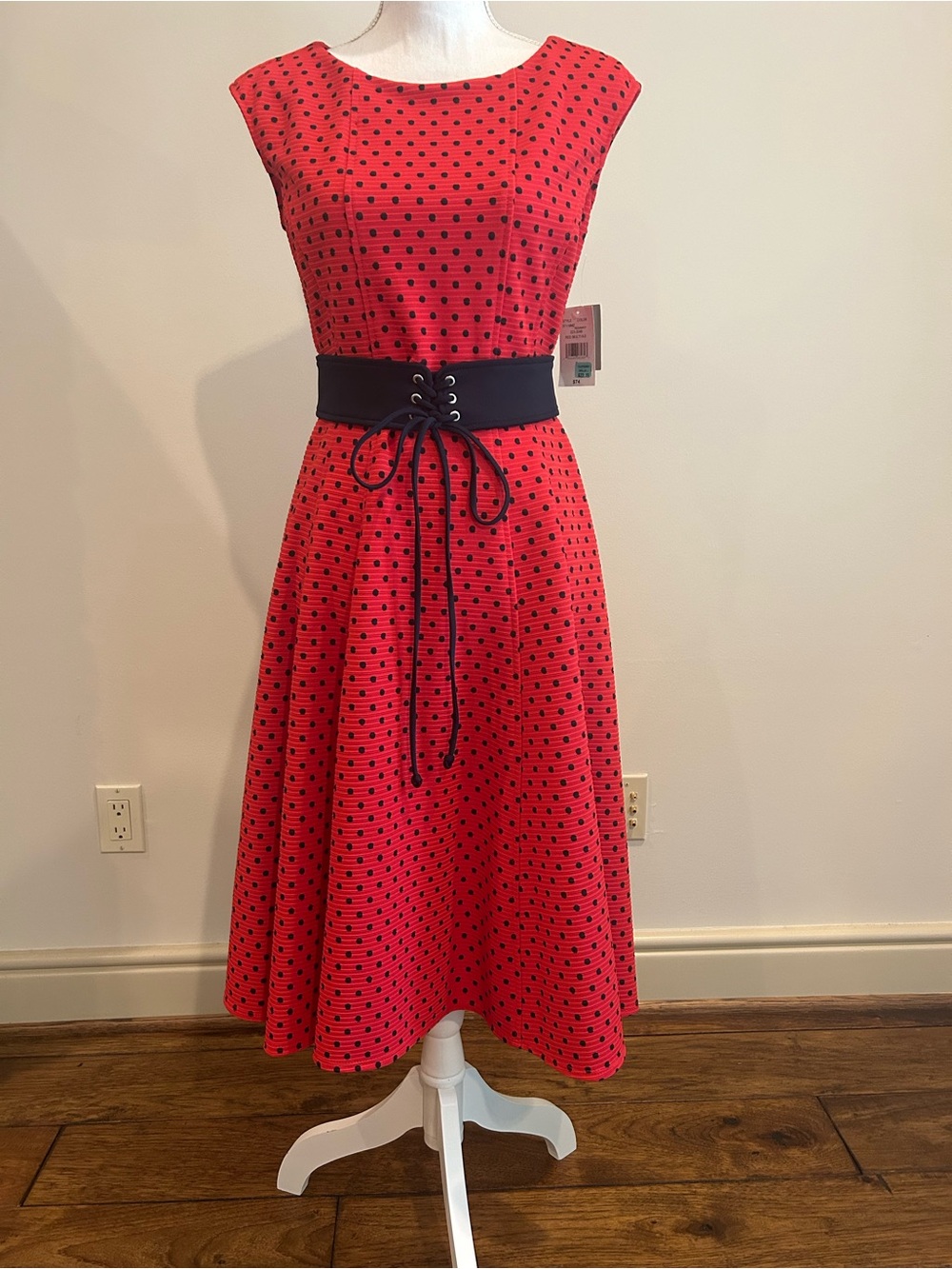 Danny & Nicole Red Polka Dot Midi Dress with Navy Lace-Up Waist